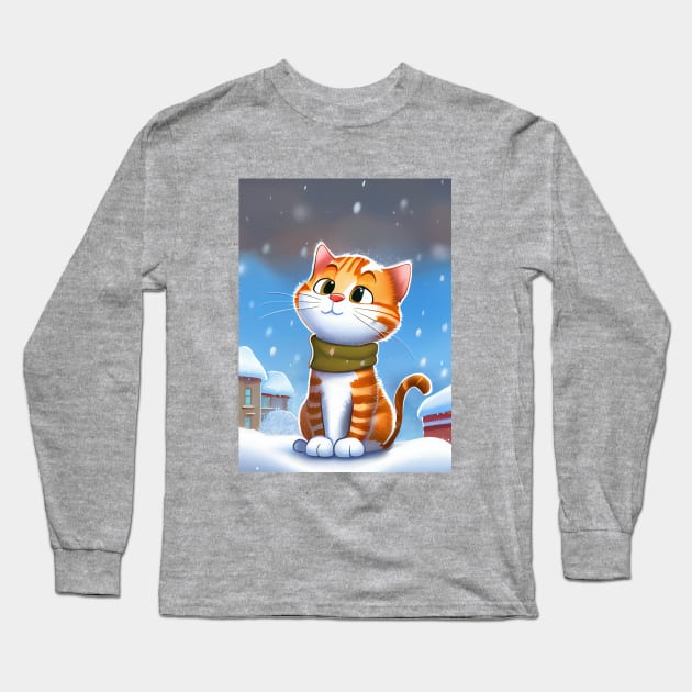 Winter Cat With a Scarf in Winter Scenery is waiting for Santa Long Sleeve T-Shirt by KOTOdesign